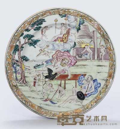 CIRCA 1742 A FAMILLE ROSE ‘FOUR ELEMENTS’ PLATE, DEPICTING ‘FIRE’ 